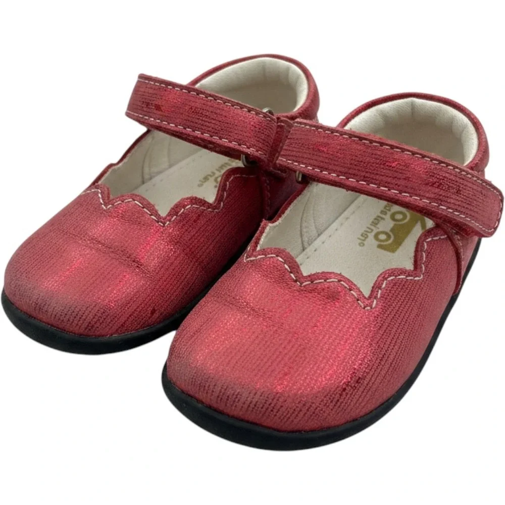 See Kai Run Susie INF Red Metallic Mary Jane Shoes Size 3 Infant Scalloped Trim